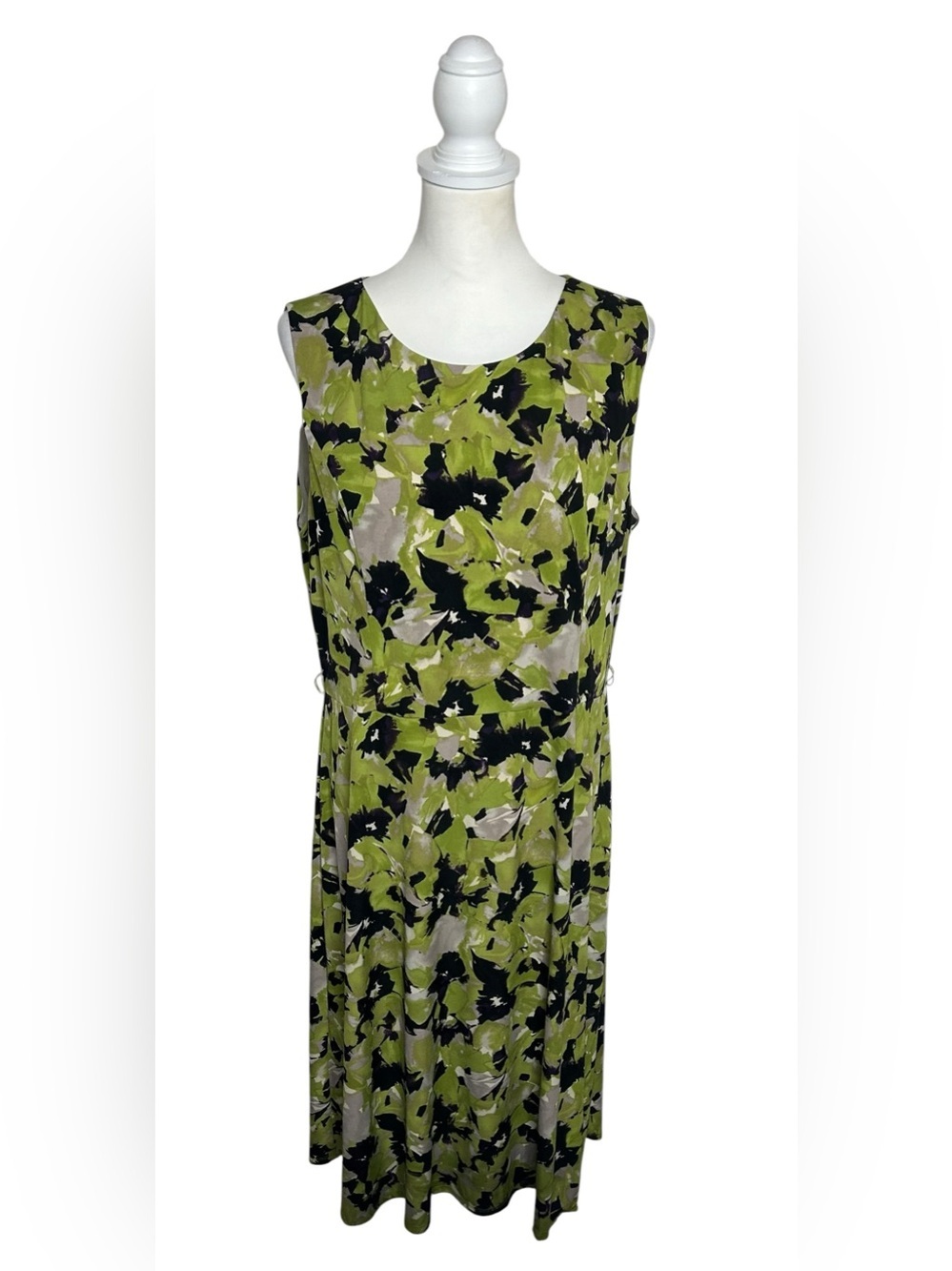 Evan Picone Black Label Green Black Abstract Sleeveless Midi Dress EUC Sz 16